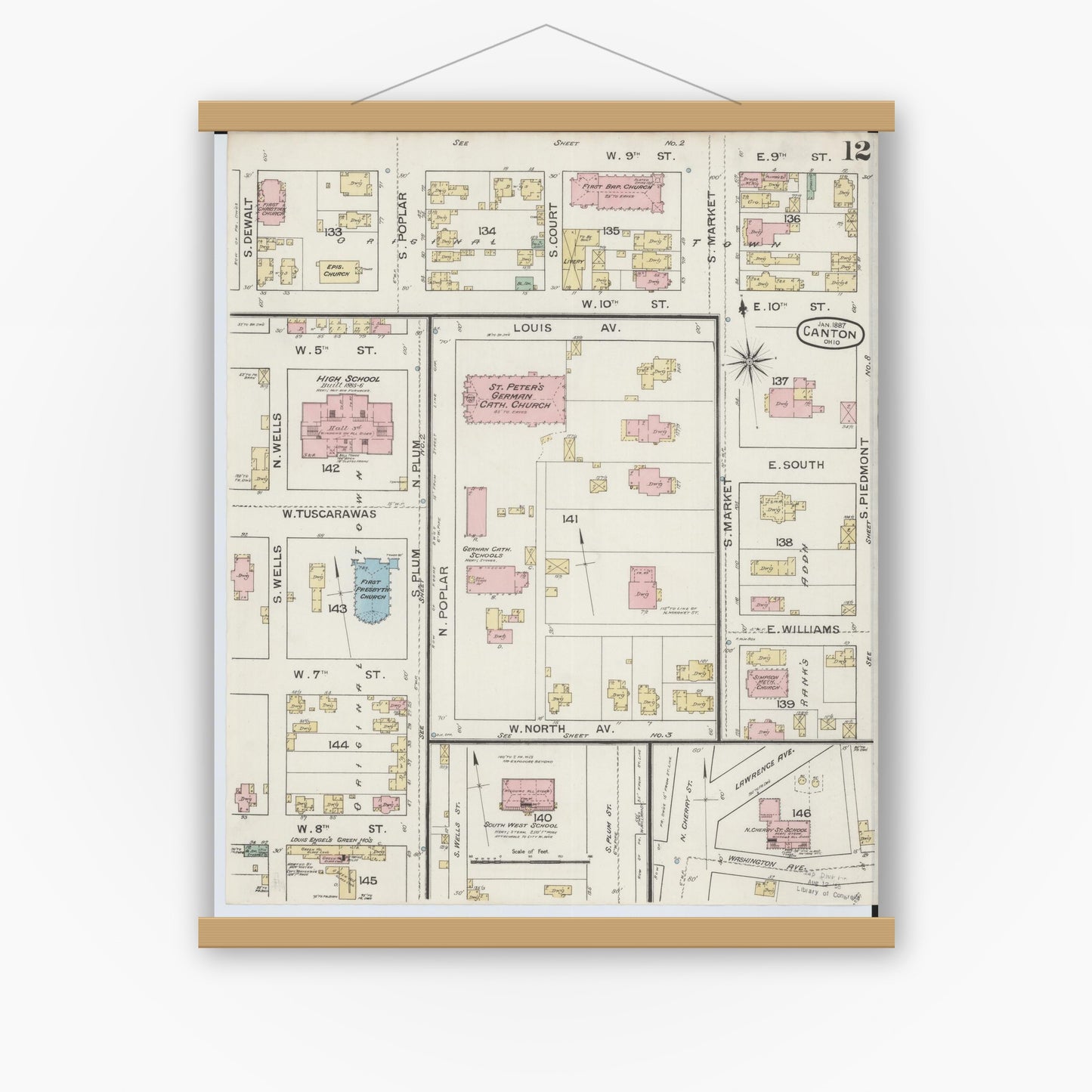 Old map wall art mockup — magnetic wood frame on white wall — Sanborn Fire Insurance Map from Canton, Stark County, Ohio (1887), Sheet #0012