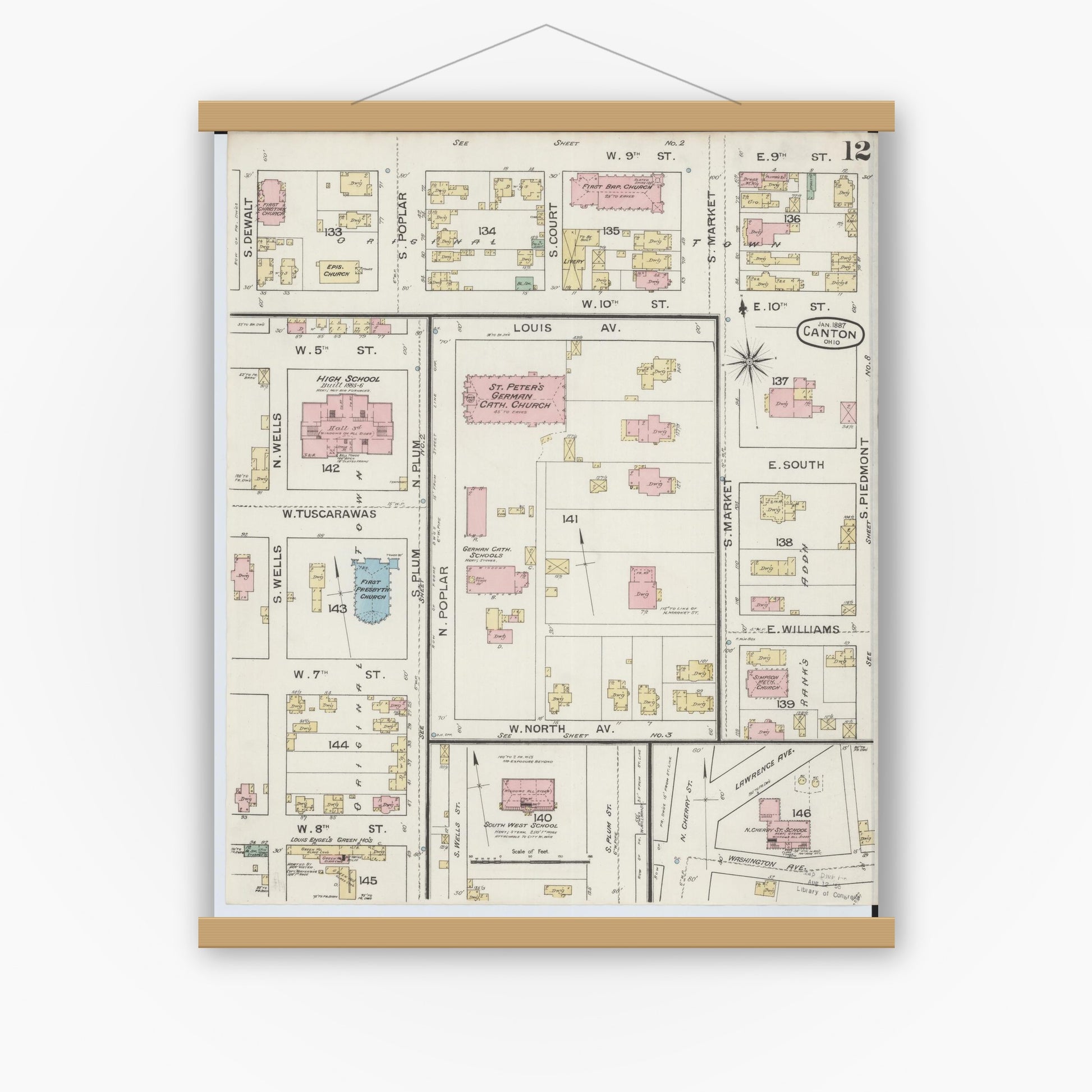 Old map wall art mockup — magnetic wood frame on white wall — Sanborn Fire Insurance Map from Canton, Stark County, Ohio (1887), Sheet #0012