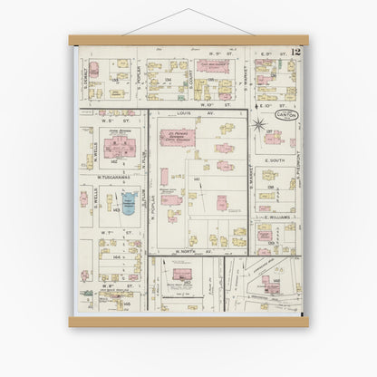Old map wall art mockup — magnetic wood frame on white wall — Sanborn Fire Insurance Map from Canton, Stark County, Ohio (1887), Sheet #0012