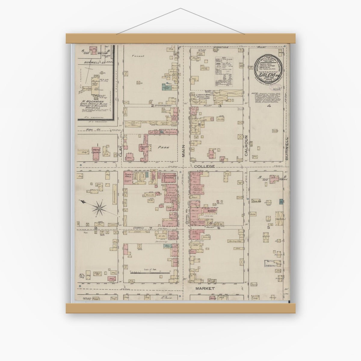 Old map wall art mockup — magnetic wood frame on white wall — Sanborn Fire Insurance Map from Salem, Independent Cities, Virginia (1886), Sheet #0001