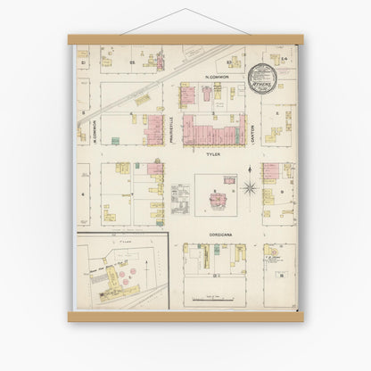 Old map wall art mockup — magnetic wood frame on white wall — Sanborn Fire Insurance Map from Athens, Henderson County, Texas (1890), Sheet #0001