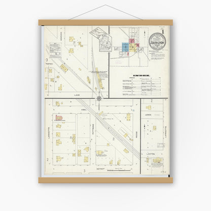Old map wall art mockup — magnetic wood frame on white wall — Sanborn Fire Insurance Map from South Lyon, Oakland County, Michigan (1913), Sheet #0001