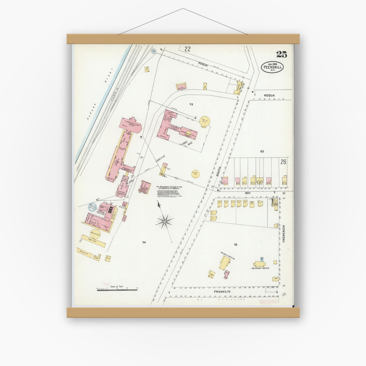 Old map wall art mockup — magnetic wood frame on white wall — Sanborn Fire Insurance Map from Peekskill, Westchester County, New York (1905), Sheet #0025