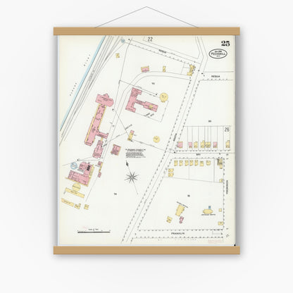 Old map wall art mockup — magnetic wood frame on white wall — Sanborn Fire Insurance Map from Peekskill, Westchester County, New York (1905), Sheet #0025