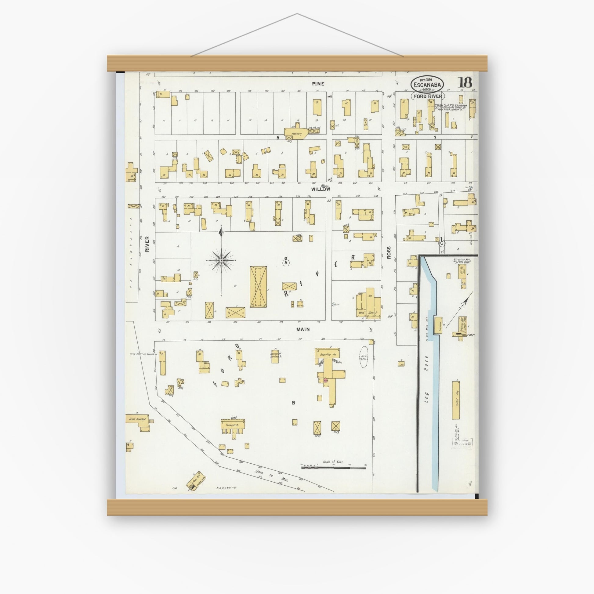 Old map wall art mockup — magnetic wood frame on white wall — Sanborn Fire Insurance Map from Escanaba, Delta County, Michigan (1899), Sheet #0018