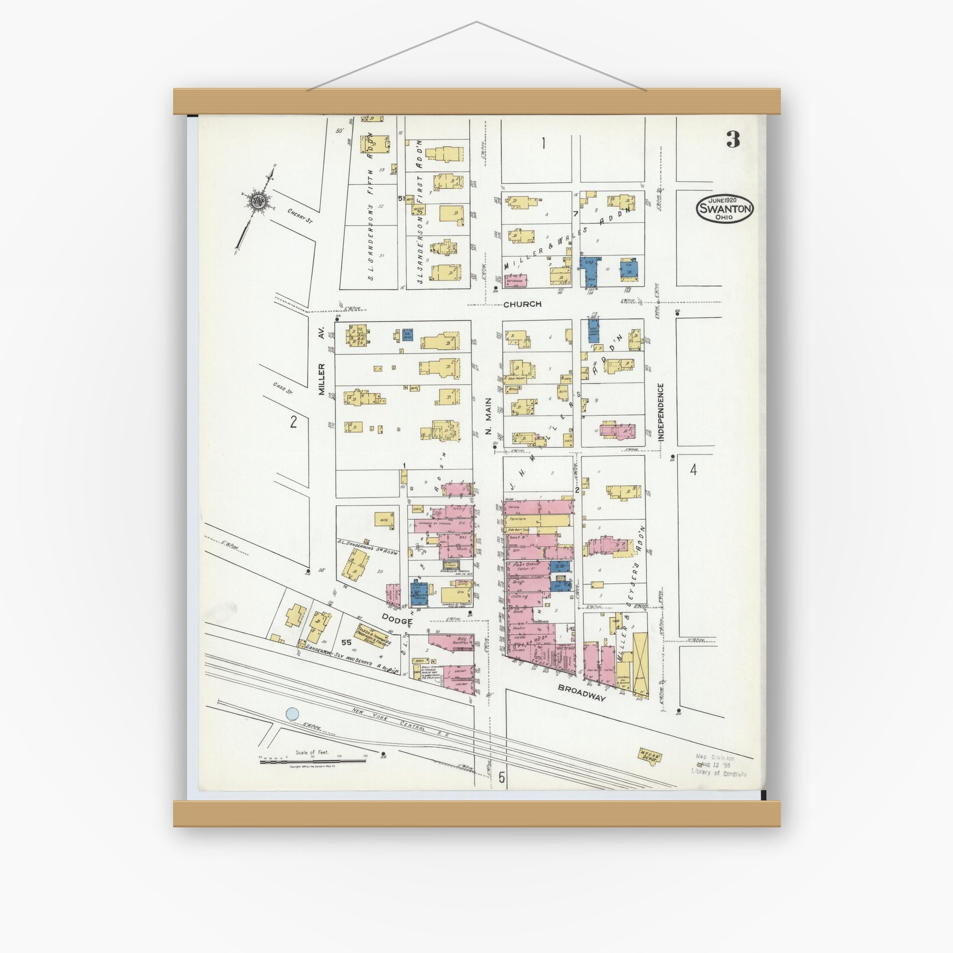 Old map wall art mockup — magnetic wood frame on white wall — Sanborn Fire Insurance Map from Swanton, Fulton County, Ohio (1920), Sheet #0003