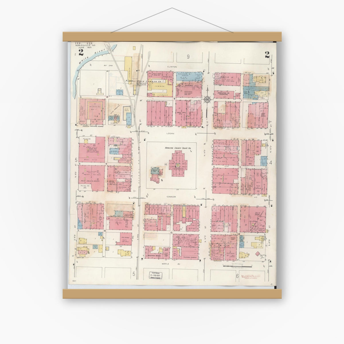 Old map wall art mockup — magnetic wood frame on white wall — Sanborn Fire Insurance Map from Noblesville, Hamilton County, Indiana (1947), Sheet #0002