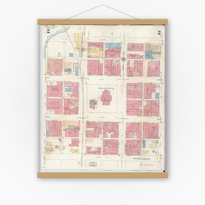Old map wall art mockup — magnetic wood frame on white wall — Sanborn Fire Insurance Map from Noblesville, Hamilton County, Indiana (1947), Sheet #0002
