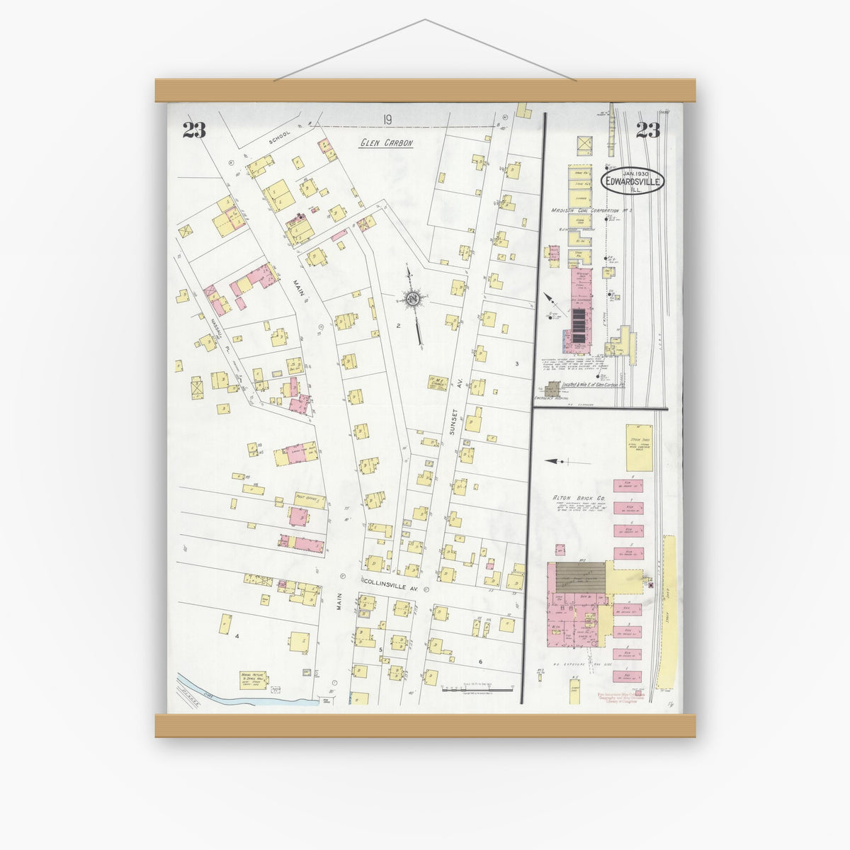 Old map wall art mockup — magnetic wood frame on white wall — Sanborn Fire Insurance Map from Edwardsville, Madison County, Illinois (1930), Sheet #0023