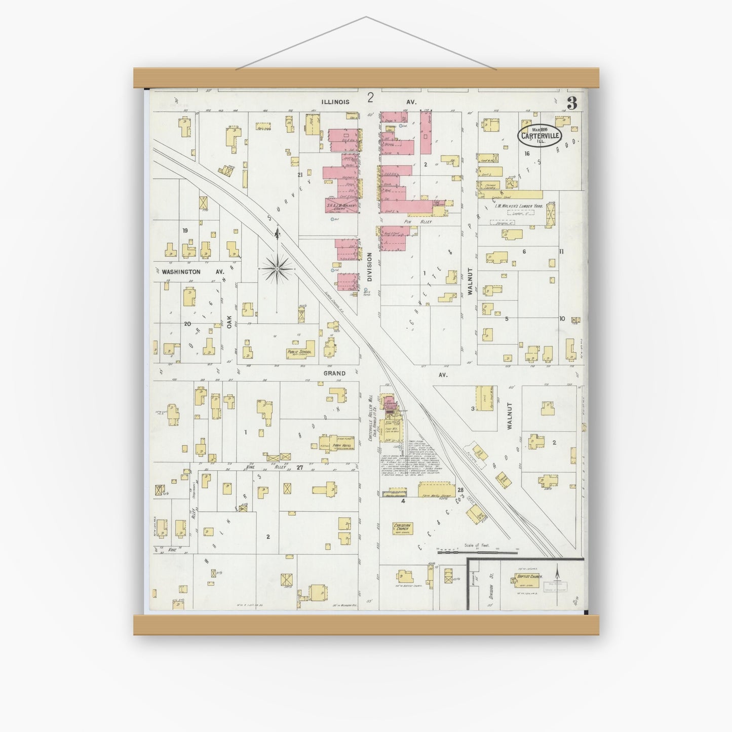 Old map wall art mockup — magnetic wood frame on white wall — Sanborn Fire Insurance Map from Carterville, Williamson County, Illinois (1899), Sheet #0003