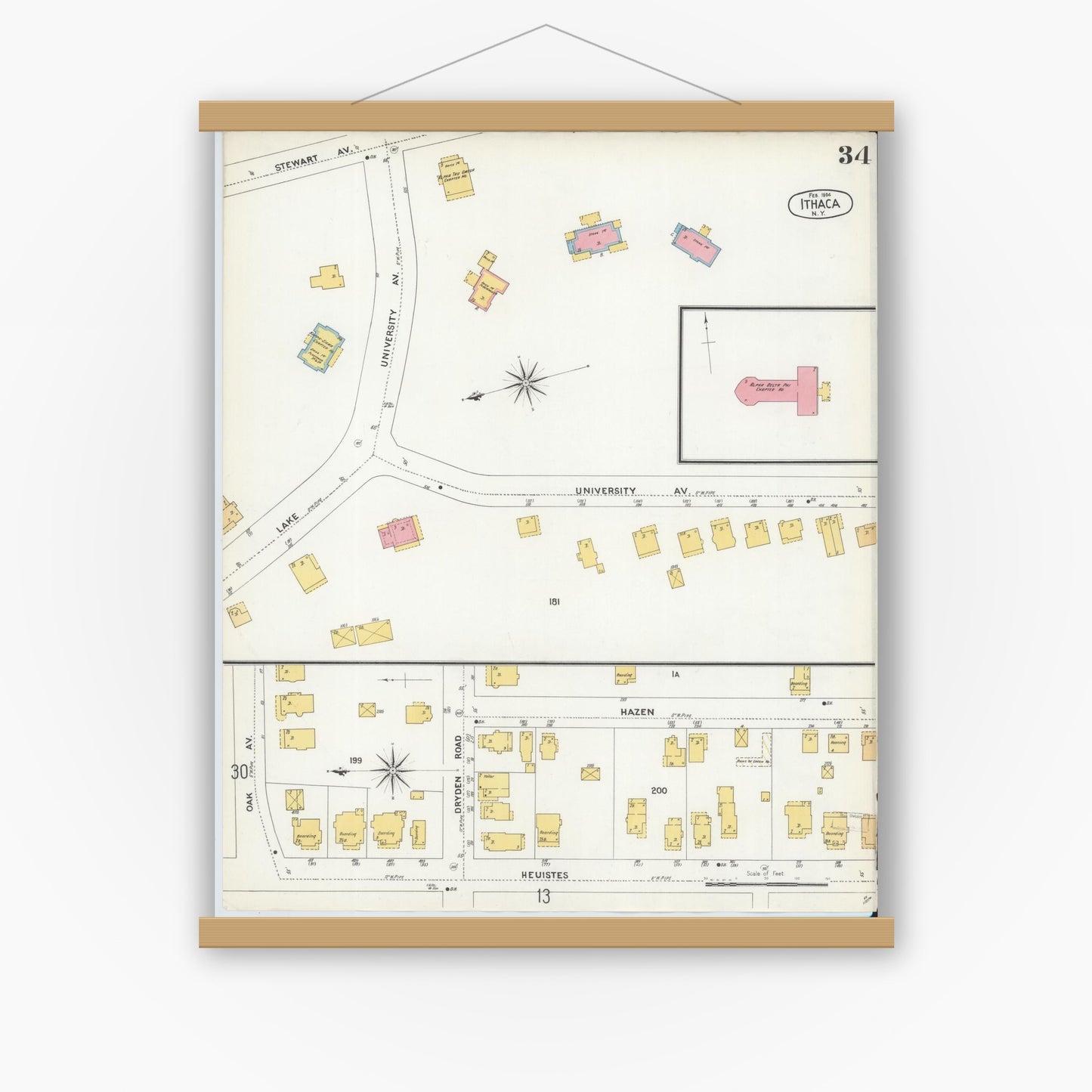 Old map wall art mockup — magnetic wood frame on white wall — Sanborn Fire Insurance Map from Ithaca, Tompkins County, New York (1904), Sheet #0034