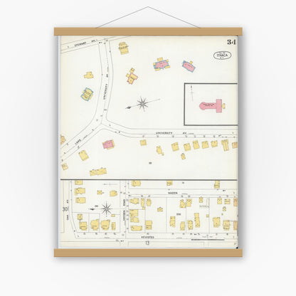 Old map wall art mockup — magnetic wood frame on white wall — Sanborn Fire Insurance Map from Ithaca, Tompkins County, New York (1904), Sheet #0034