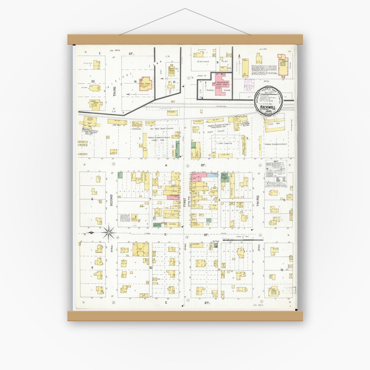 Old map wall art mockup — magnetic wood frame on white wall — Sanborn Fire Insurance Map from Rockwell, Cerro Gordo County, Iowa (1901), Sheet #0001