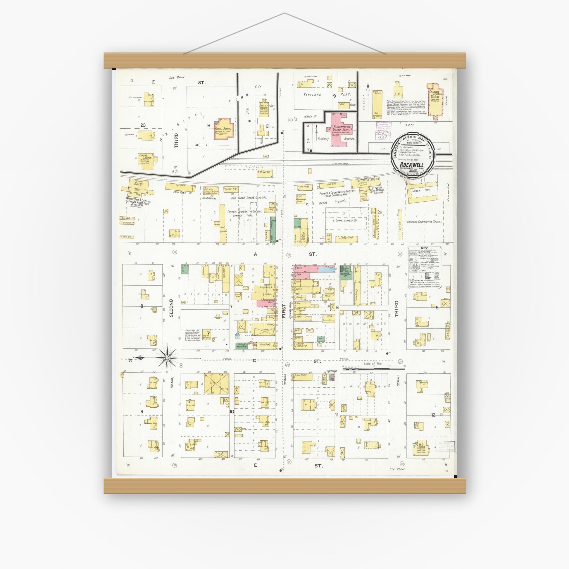 Old map wall art mockup — magnetic wood frame on white wall — Sanborn Fire Insurance Map from Rockwell, Cerro Gordo County, Iowa (1901), Sheet #0001