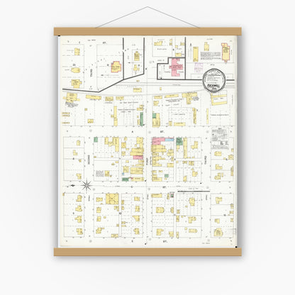 Old map wall art mockup — magnetic wood frame on white wall — Sanborn Fire Insurance Map from Rockwell, Cerro Gordo County, Iowa (1901), Sheet #0001