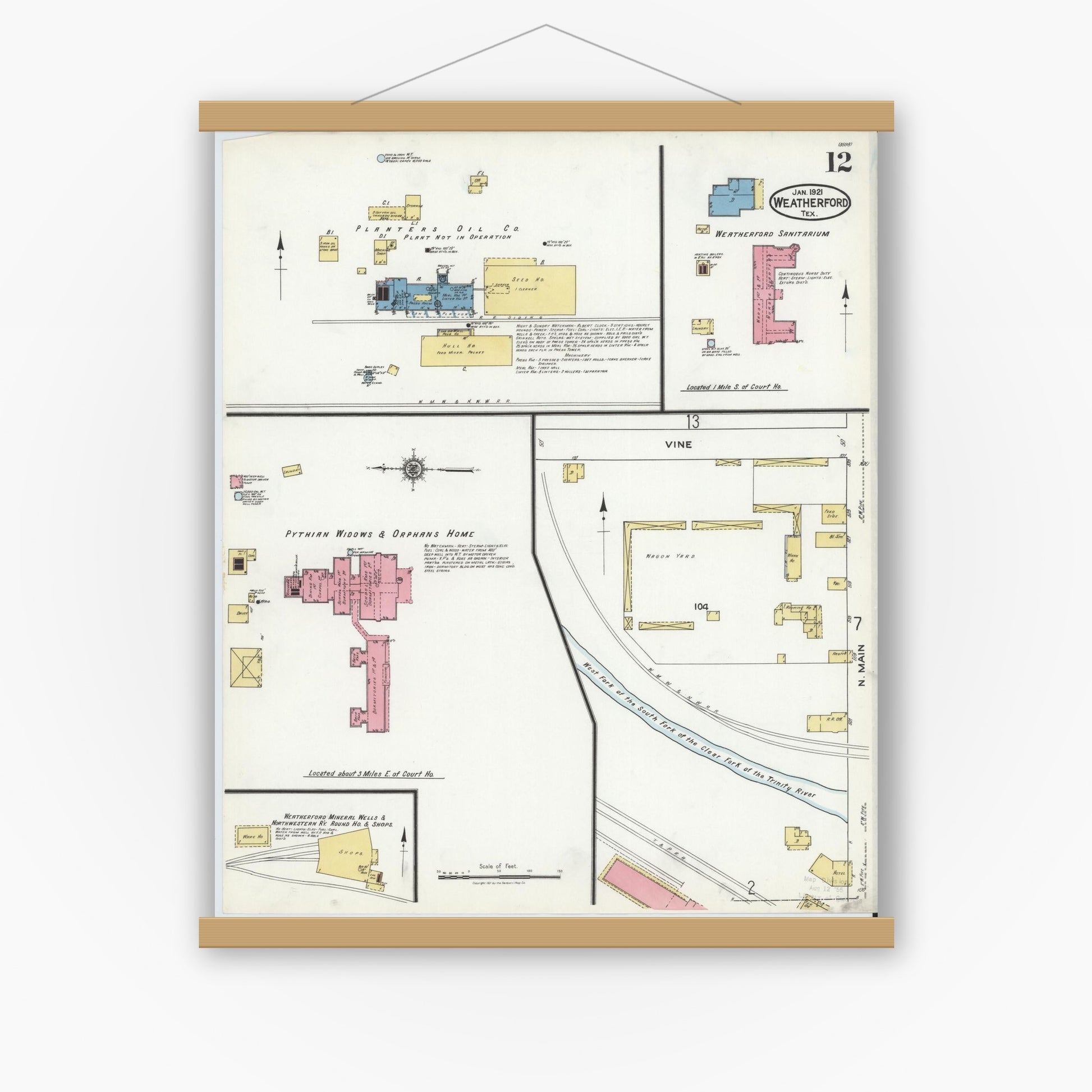 Old map wall art mockup — magnetic wood frame on white wall — Sanborn Fire Insurance Map from Weatherford, Parker County, Texas (1921), Sheet #0012