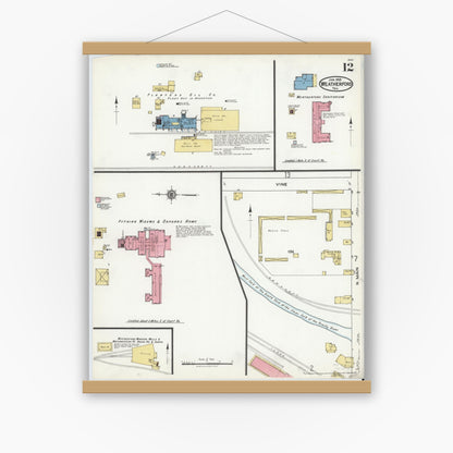 Old map wall art mockup — magnetic wood frame on white wall — Sanborn Fire Insurance Map from Weatherford, Parker County, Texas (1921), Sheet #0012