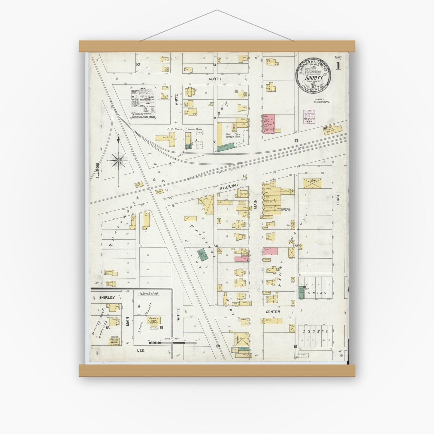 Old map wall art mockup — magnetic wood frame on white wall — Sanborn Fire Insurance Map from Shirley, Hancock And Henry Counties, Indiana (1902) - Complete Map Set