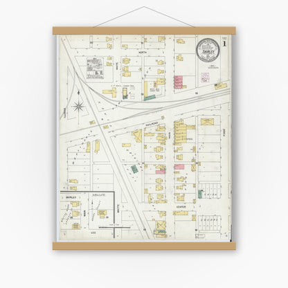 Old map wall art mockup — magnetic wood frame on white wall — Sanborn Fire Insurance Map from Shirley, Hancock And Henry Counties, Indiana (1902) - Complete Map Set