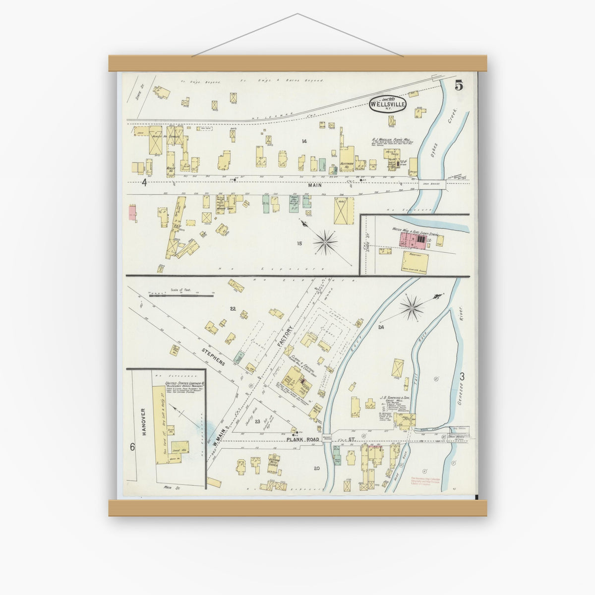 Old map wall art mockup — magnetic wood frame on white wall — Sanborn Fire Insurance Map from Wellsville, Allegany County, New York (1897), Sheet #0005