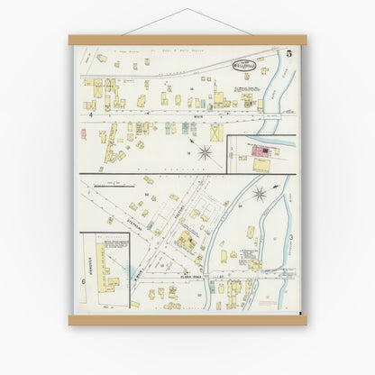 Old map wall art mockup — magnetic wood frame on white wall — Sanborn Fire Insurance Map from Wellsville, Allegany County, New York (1897), Sheet #0005