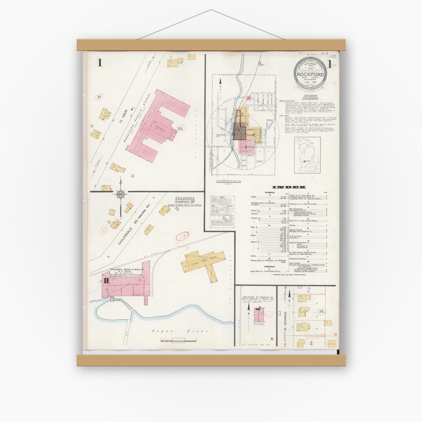 Old map wall art mockup — magnetic wood frame on white wall — Sanborn Fire Insurance Map from Rockford, Kent County, Michigan (1931) - Complete Map Set