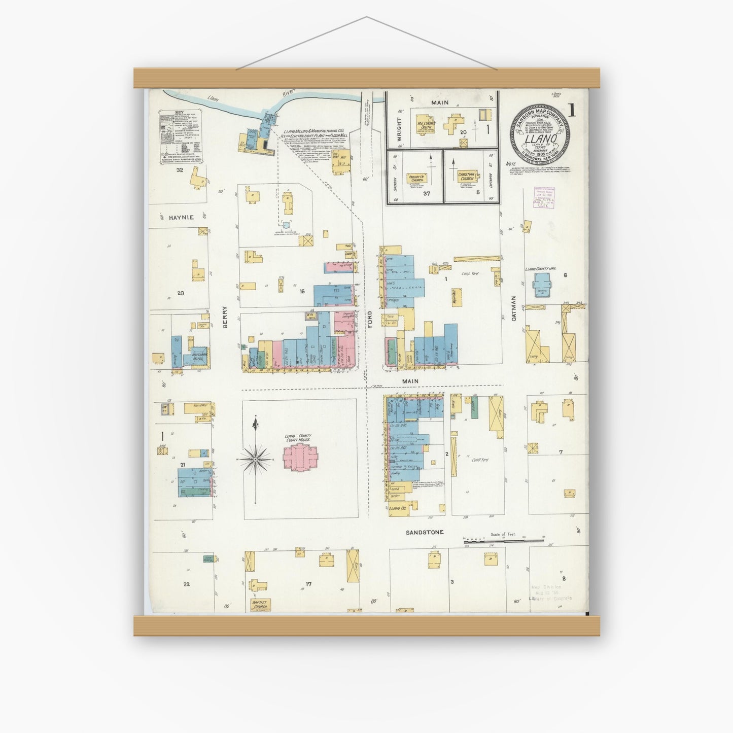 Old map wall art mockup — magnetic wood frame on white wall — Sanborn Fire Insurance Map from Llano, Llano County, Texas (1905), Sheet #0001