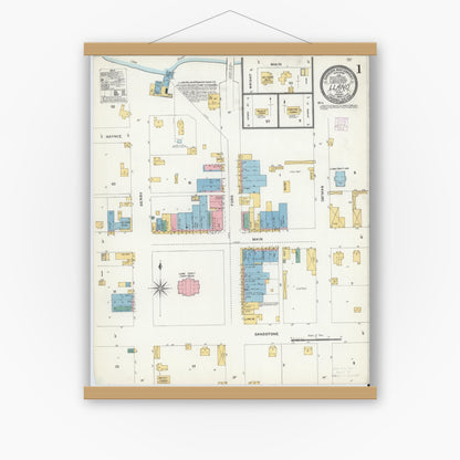 Old map wall art mockup — magnetic wood frame on white wall — Sanborn Fire Insurance Map from Llano, Llano County, Texas (1905), Sheet #0001