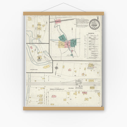 Old map wall art mockup — magnetic wood frame on white wall — Sanborn Fire Insurance Map from Jordan, Onondaga County, New York (1912), Sheet #0001