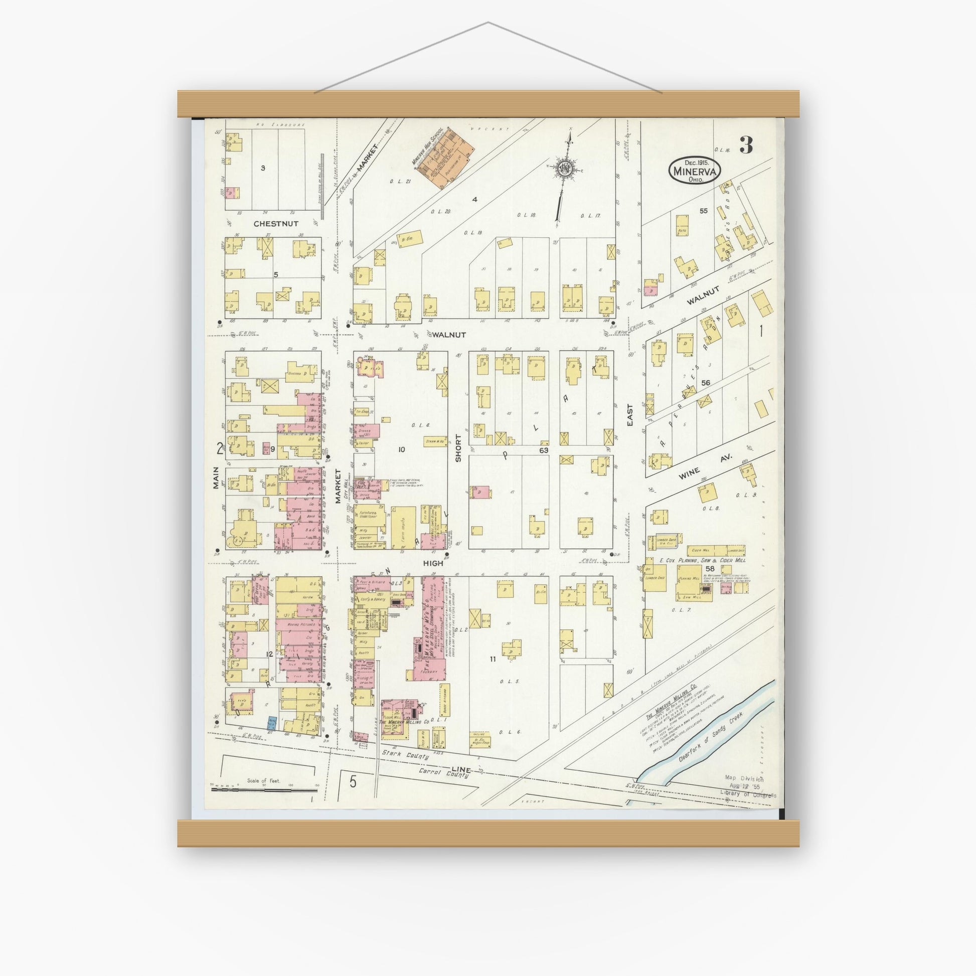 Old map wall art mockup — magnetic wood frame on white wall — Sanborn Fire Insurance Map from Minerva, Stark And Carroll Counties, Ohio (1915), Sheet #0003
