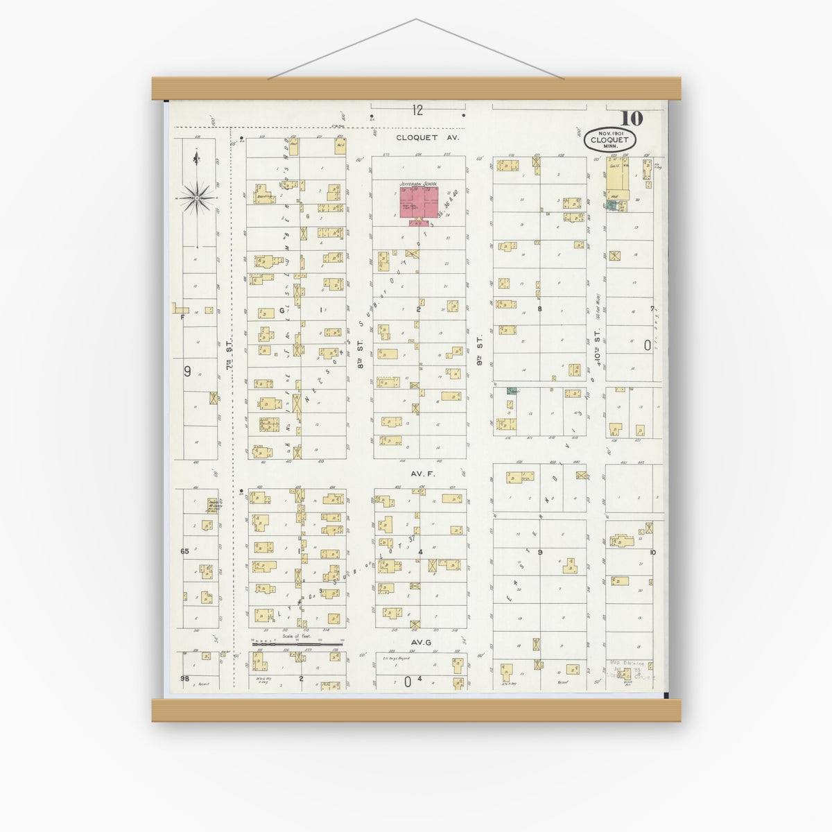 Old map wall art mockup — magnetic wood frame on white wall — Sanborn Fire Insurance Map from Cloquet, Carlton County, Minnesota (1901), Sheet #0010