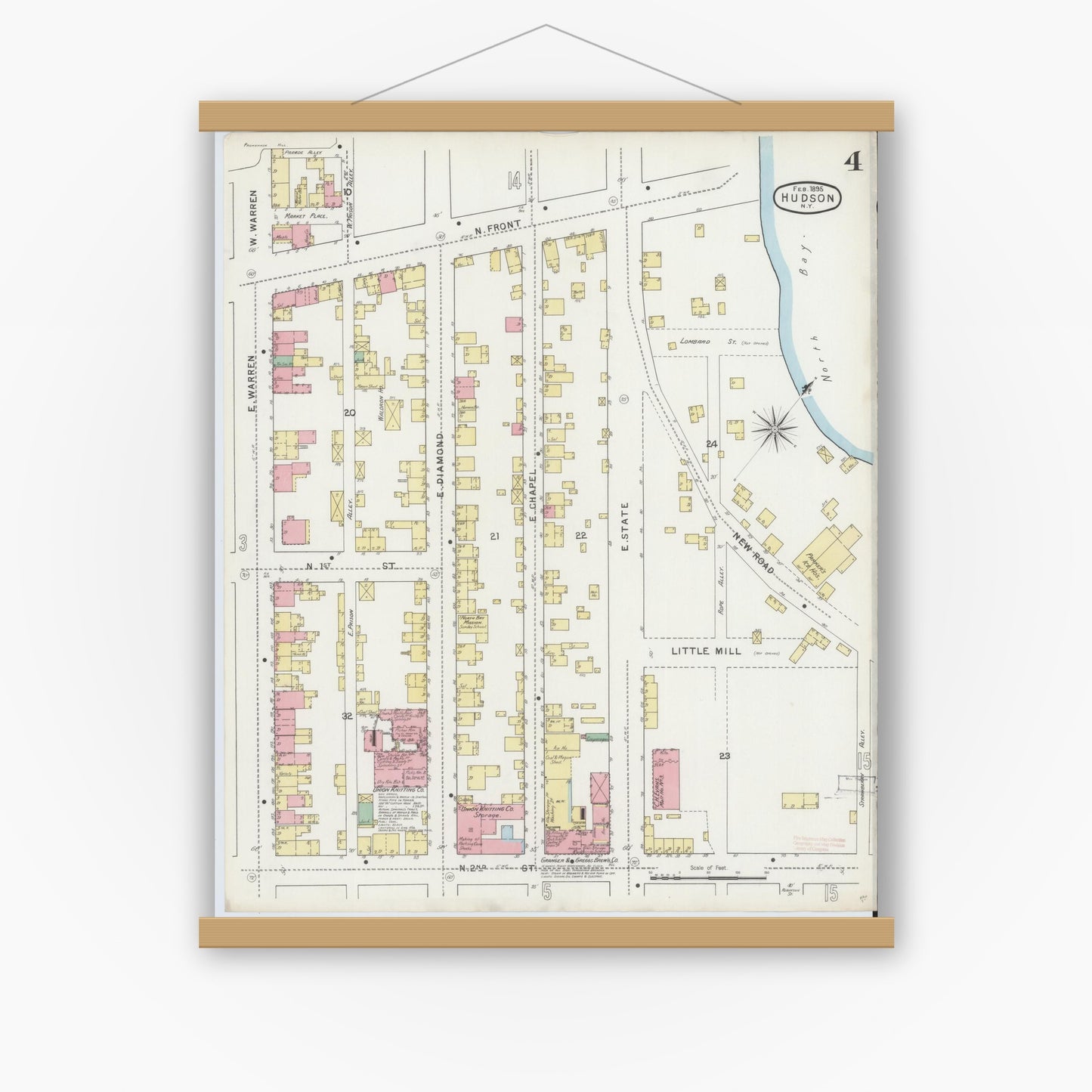 Old map wall art mockup — magnetic wood frame on white wall — Sanborn Fire Insurance Map from Hudson, Columbia County, New York (1895), Sheet #0004