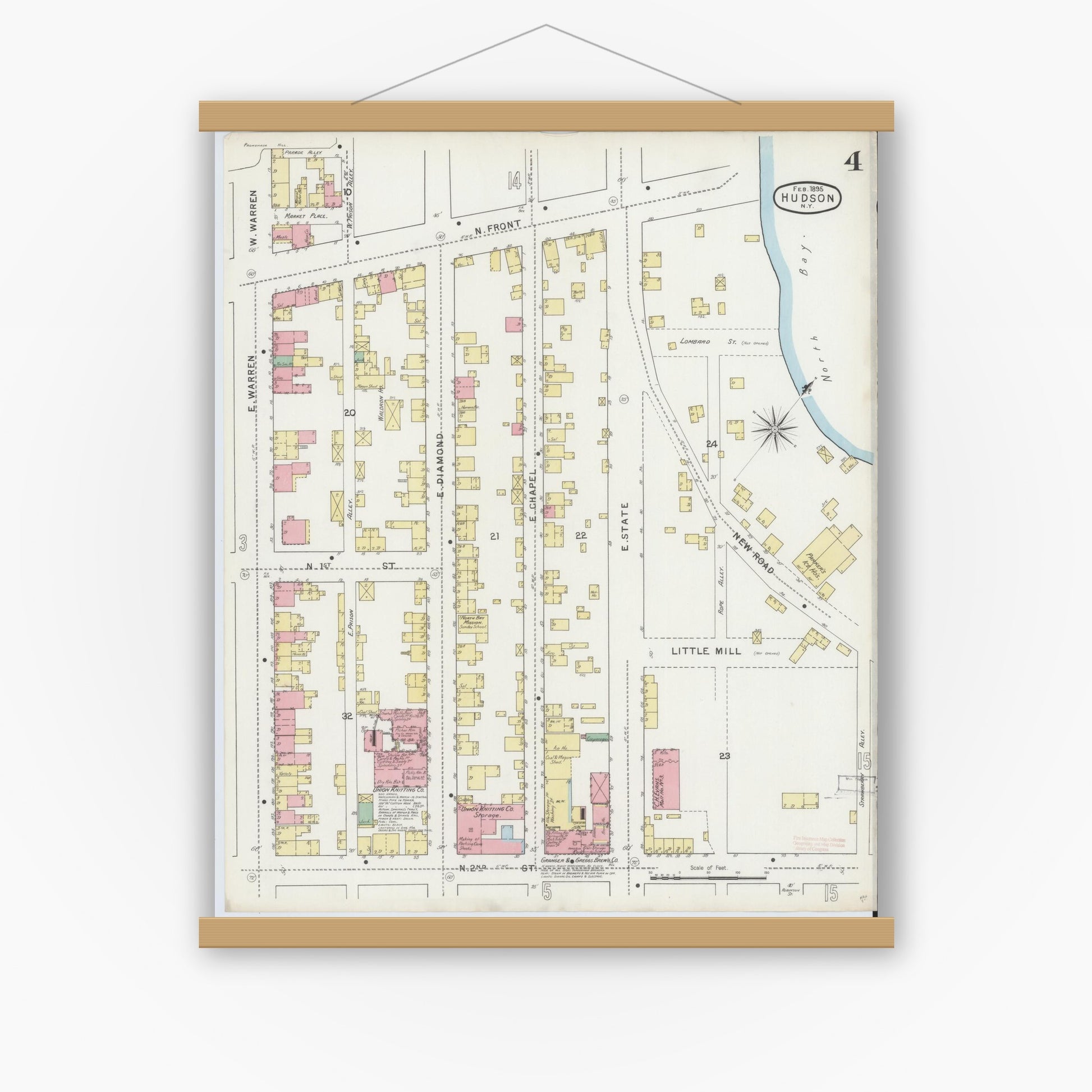 Old map wall art mockup — magnetic wood frame on white wall — Sanborn Fire Insurance Map from Hudson, Columbia County, New York (1895), Sheet #0004