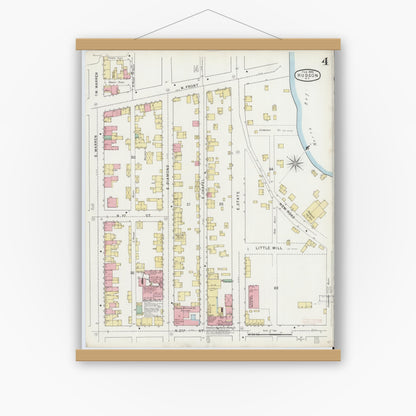 Old map wall art mockup — magnetic wood frame on white wall — Sanborn Fire Insurance Map from Hudson, Columbia County, New York (1895), Sheet #0004