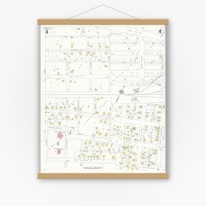 Old map wall art mockup — magnetic wood frame on white wall — Sanborn Fire Insurance Map from McGregor, McLennan County, Texas (1932), Sheet #0004