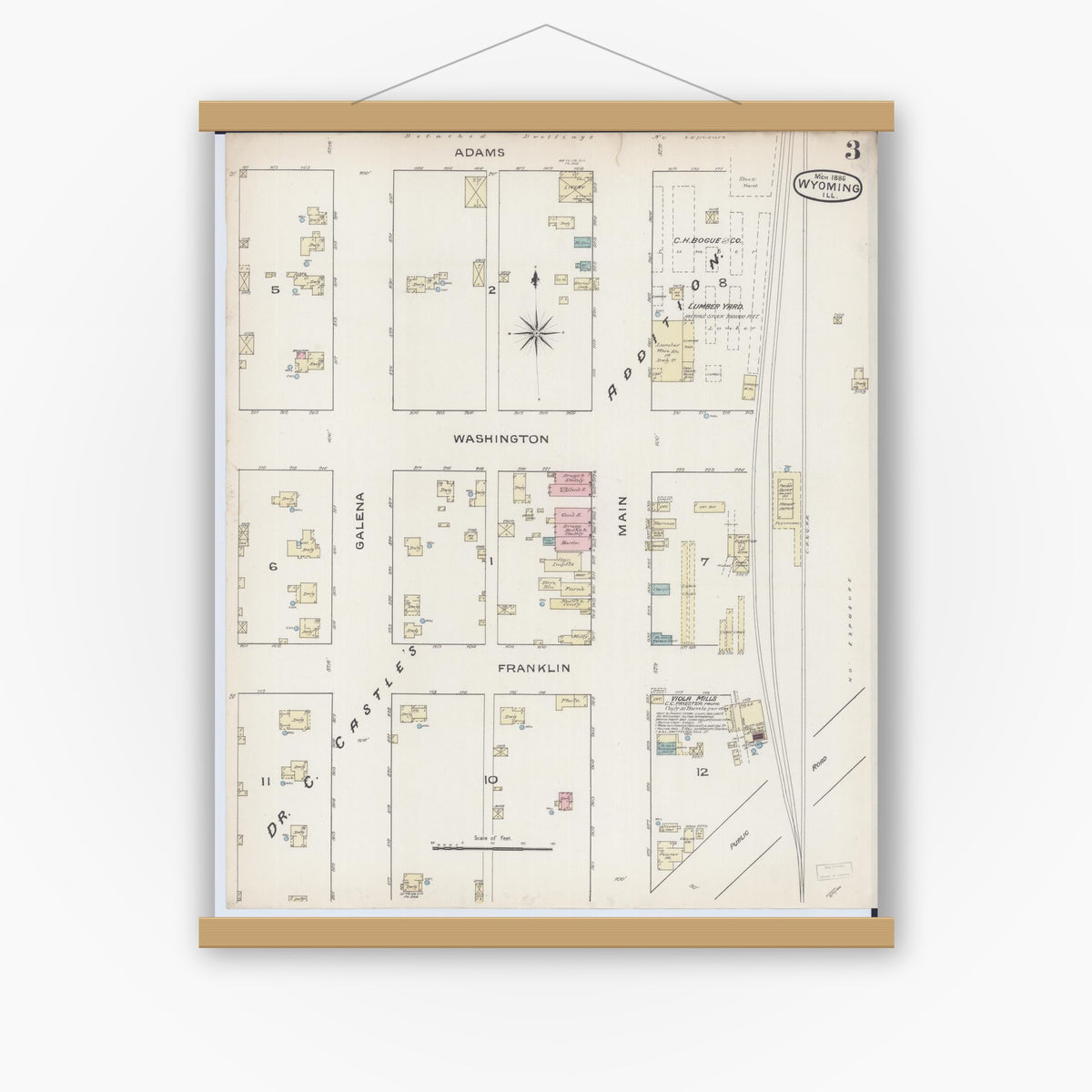 Old map wall art mockup — magnetic wood frame on white wall — Sanborn Fire Insurance Map from Wyoming, Stark County, Illinois (1886), Sheet #0003