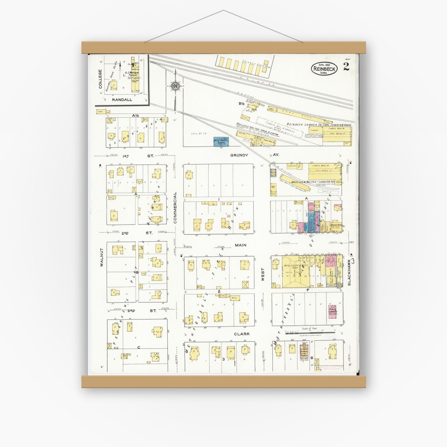 Old map wall art mockup — magnetic wood frame on white wall — Sanborn Fire Insurance Map from Reinbeck, Grundy County, Iowa (1921), Sheet #0002