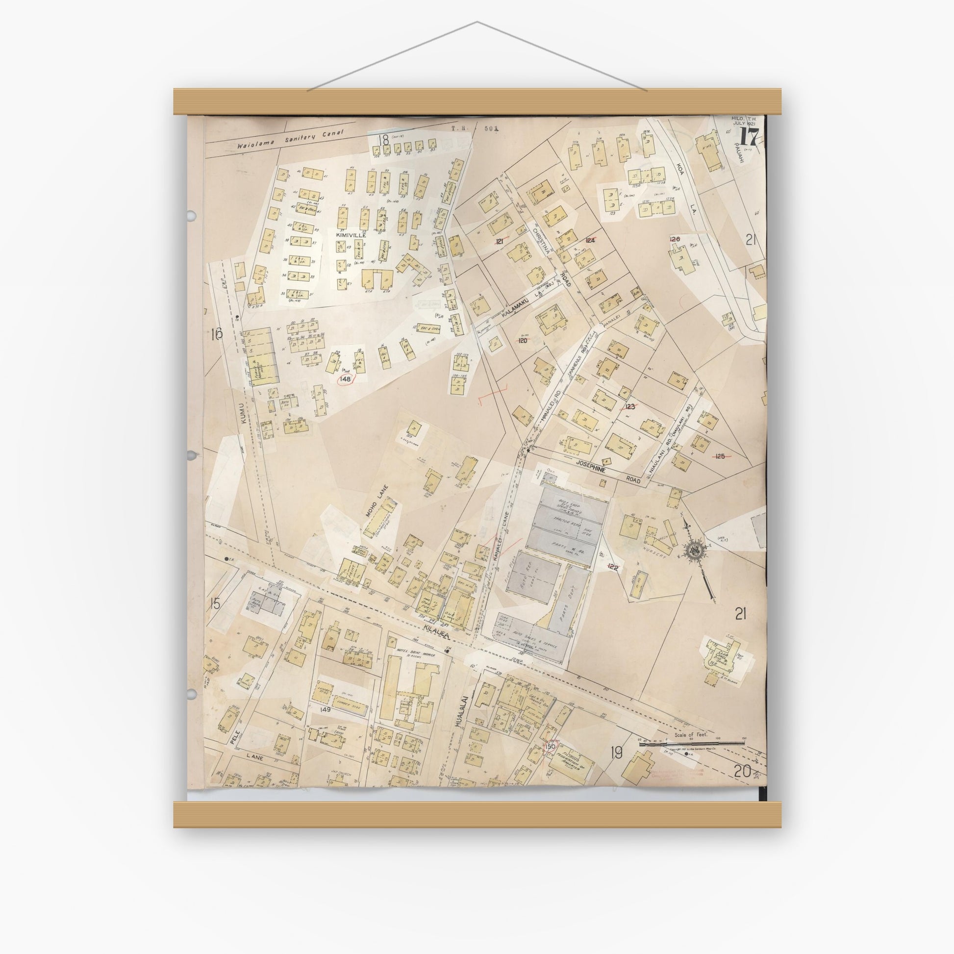 Old map wall art mockup — magnetic wood frame on white wall — Sanborn Fire Insurance Map from Hilo, Hawaii County, Hawaii (1957), Sheet #0017