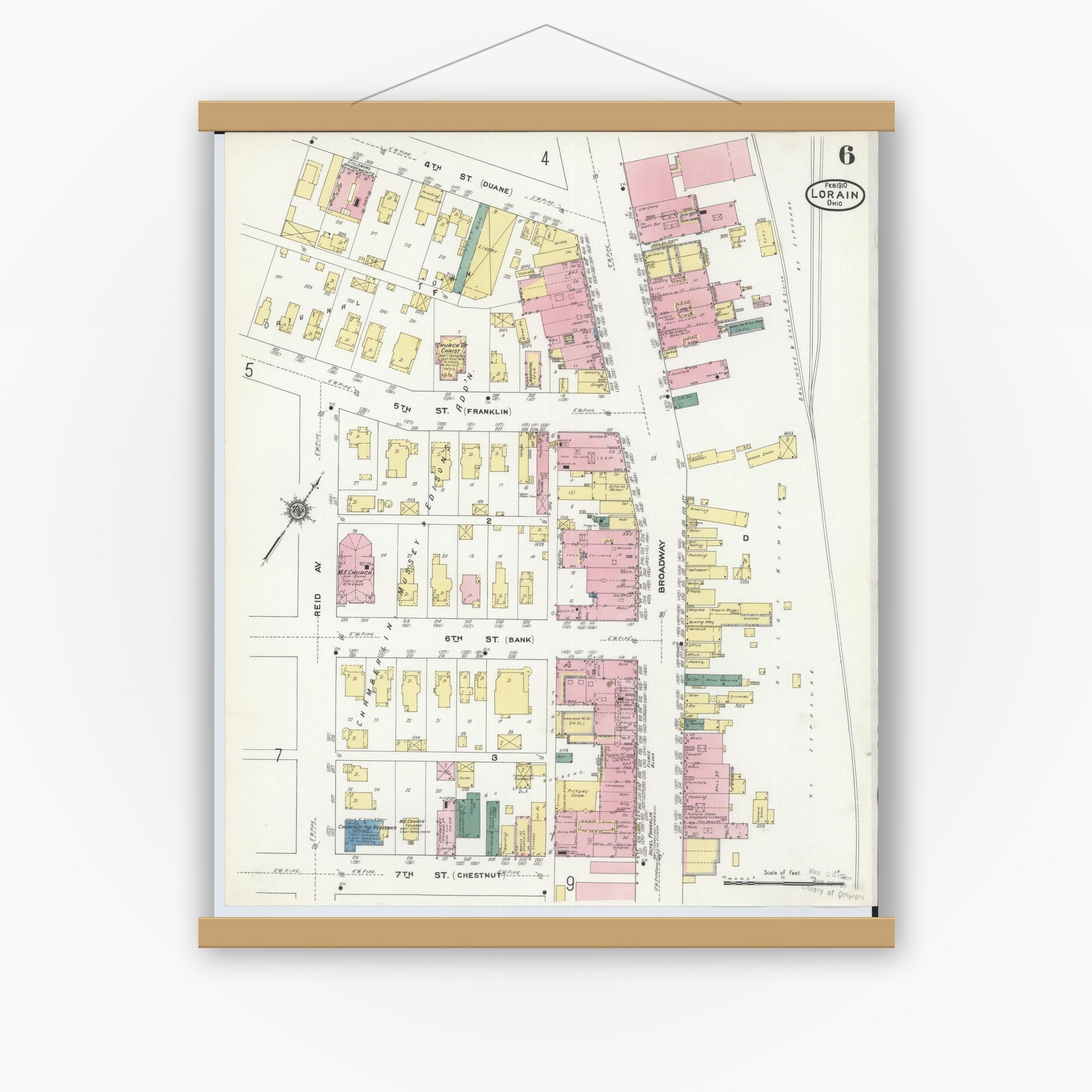 Old map wall art mockup — magnetic wood frame on white wall — Sanborn Fire Insurance Map from Lorain, Lorain County, Ohio (1910), Sheet #0006