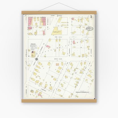 Old map wall art mockup — magnetic wood frame on white wall — Sanborn Fire Insurance Map from Marshall, Clark County, Illinois (1912), Sheet #0005