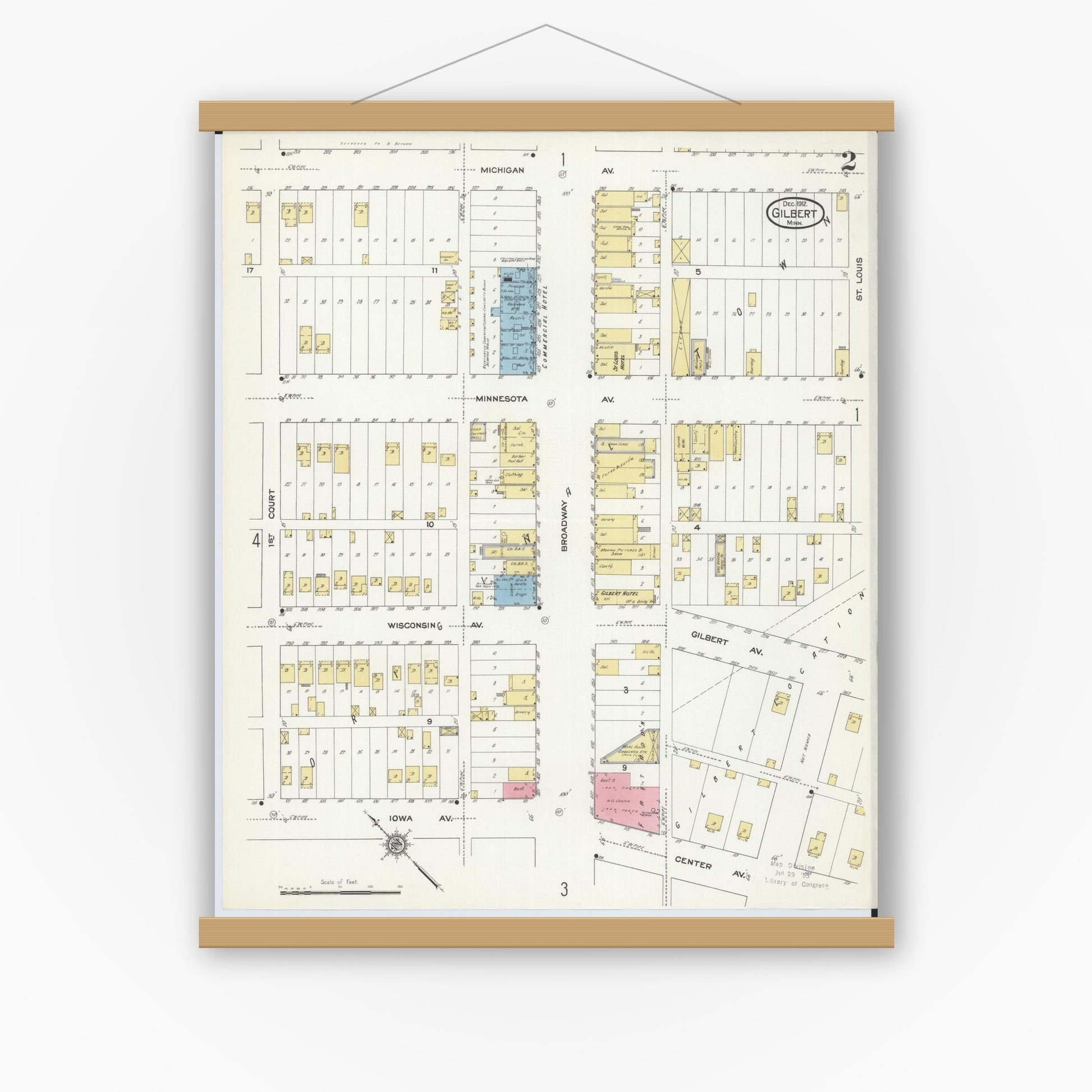 Old map wall art mockup — magnetic wood frame on white wall — Sanborn Fire Insurance Map from Gilbert, Saint Louis County, Minnesota (1912), Sheet #0002