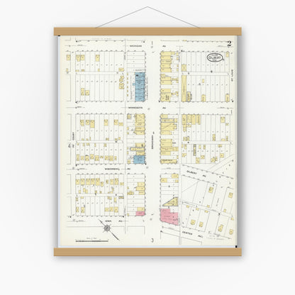 Old map wall art mockup — magnetic wood frame on white wall — Sanborn Fire Insurance Map from Gilbert, Saint Louis County, Minnesota (1912), Sheet #0002