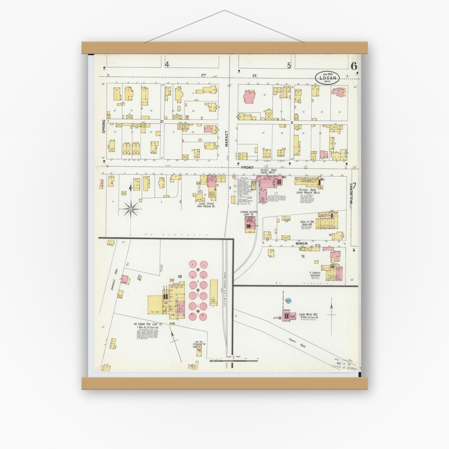 Old map wall art mockup — magnetic wood frame on white wall — Sanborn Fire Insurance Map from Logan, Hocking County, Ohio (1900), Sheet #0006
