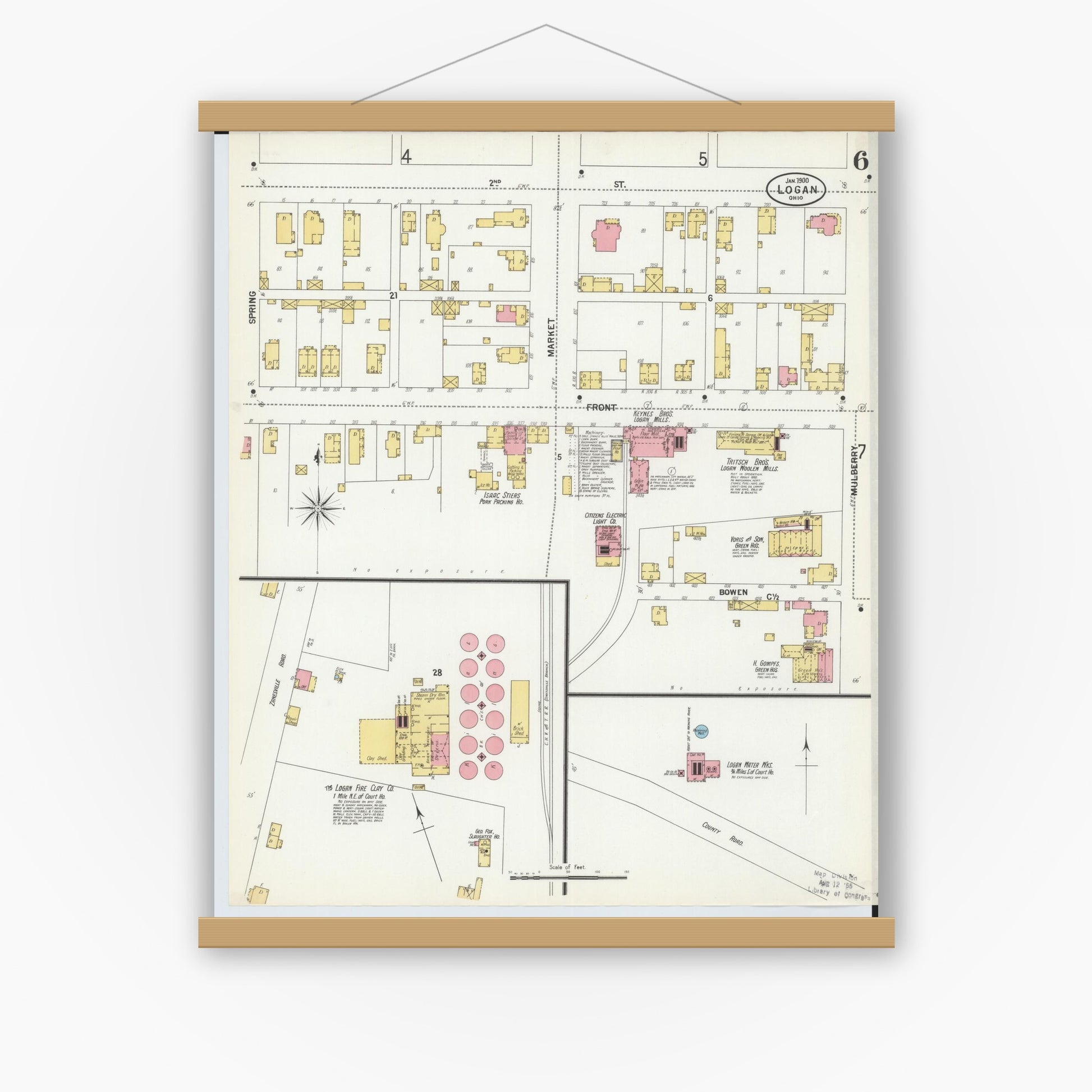 Old map wall art mockup — magnetic wood frame on white wall — Sanborn Fire Insurance Map from Logan, Hocking County, Ohio (1900), Sheet #0006