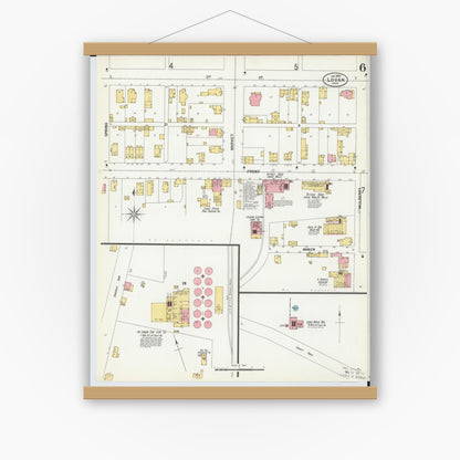 Old map wall art mockup — magnetic wood frame on white wall — Sanborn Fire Insurance Map from Logan, Hocking County, Ohio (1900), Sheet #0006