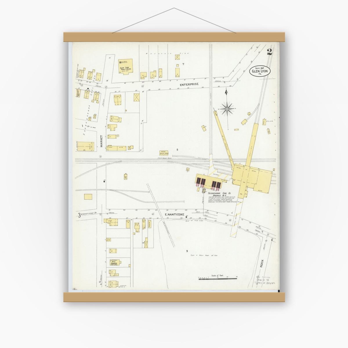 Old map wall art mockup — magnetic wood frame on white wall — Sanborn Fire Insurance Map from Glen Lyon, Luzerne County, Pennsylvania (1907), Sheet #0002