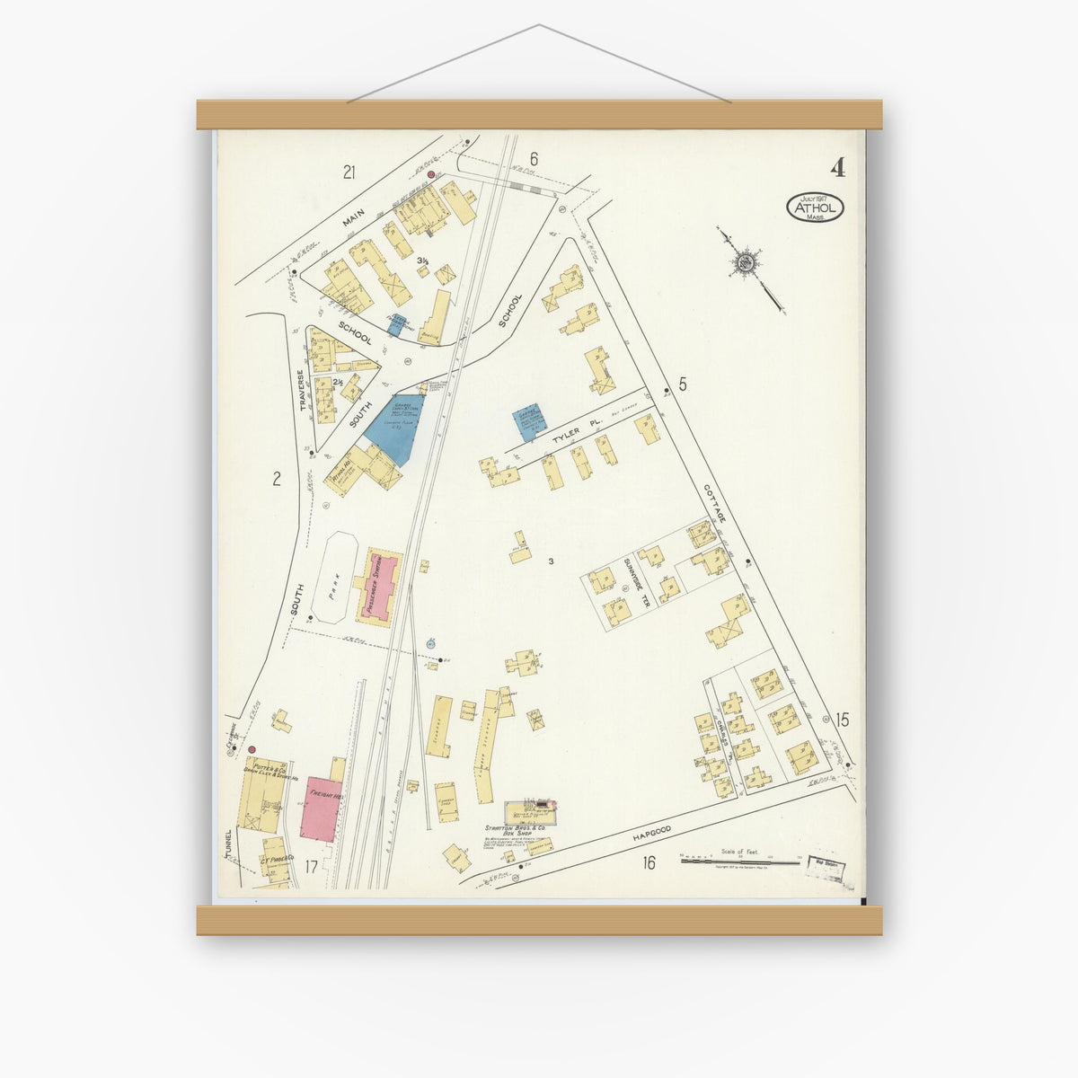 Old map wall art mockup — magnetic wood frame on white wall — Sanborn Fire Insurance Map from Athol, Worcester County, Massachusetts (1917), Sheet #0004