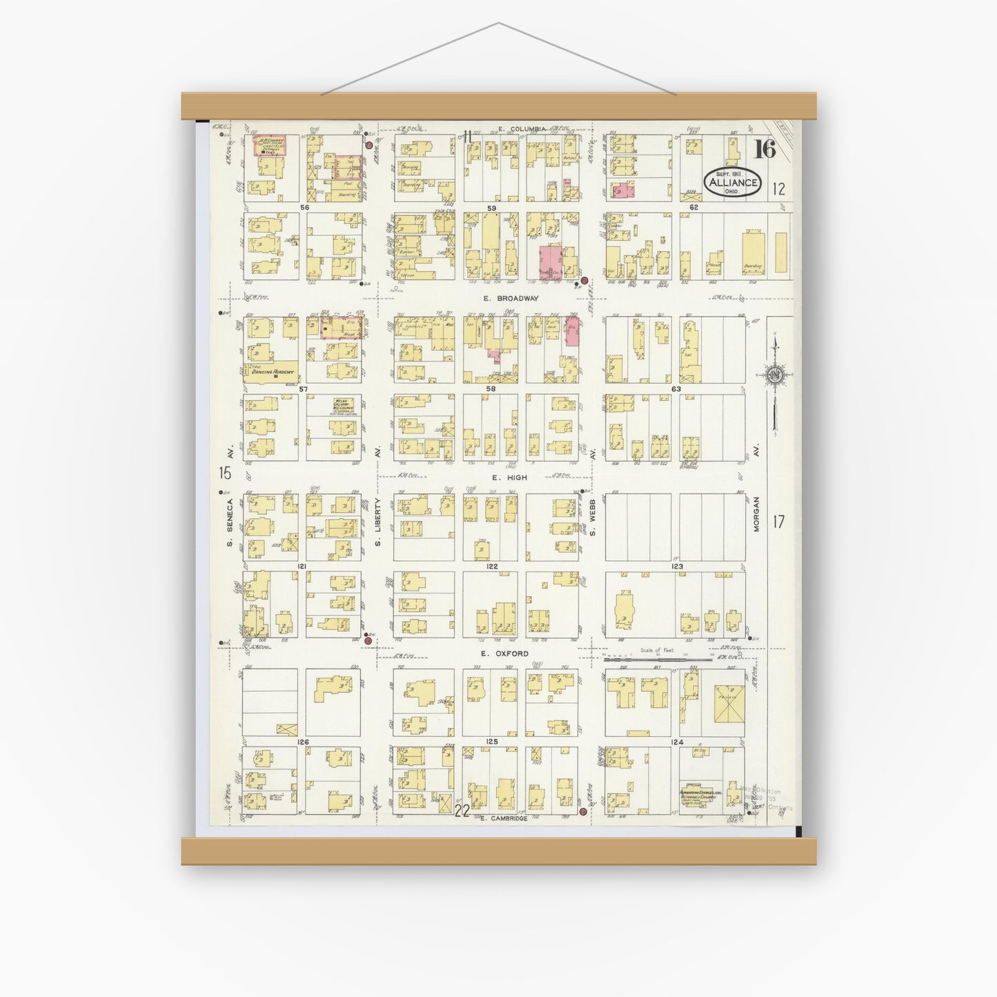 Old map wall art mockup — magnetic wood frame on white wall — Sanborn Fire Insurance Map from Alliance, Stark County, Ohio (1911), Sheet #0016