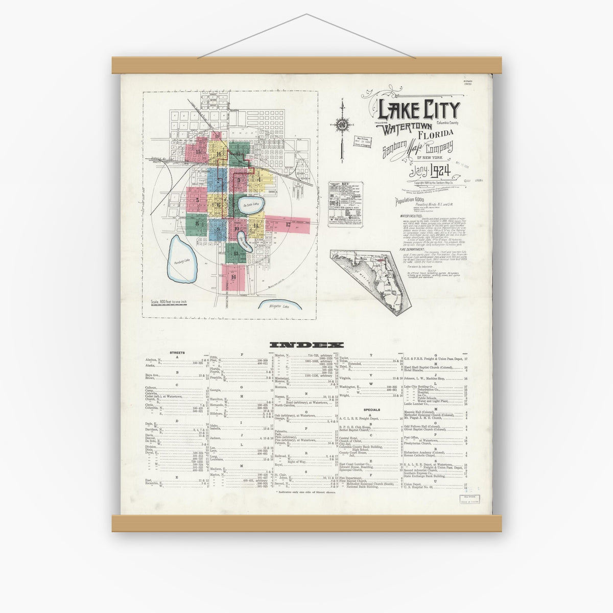 Old map wall art mockup — magnetic wood frame on white wall — Sanborn Fire Insurance Map from Lake City, Columbia County, Florida (1924) - Complete Map Set