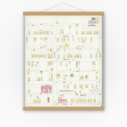 Old map wall art mockup — magnetic wood frame on white wall — Sanborn Fire Insurance Map from Sharon, Mercer County, Pennsylvania (1908), Sheet #0038